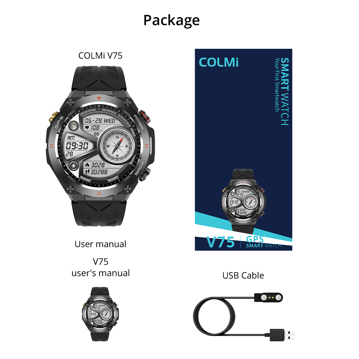 Articoli inclusi nella confezione dello smartwatch Colmi V75
